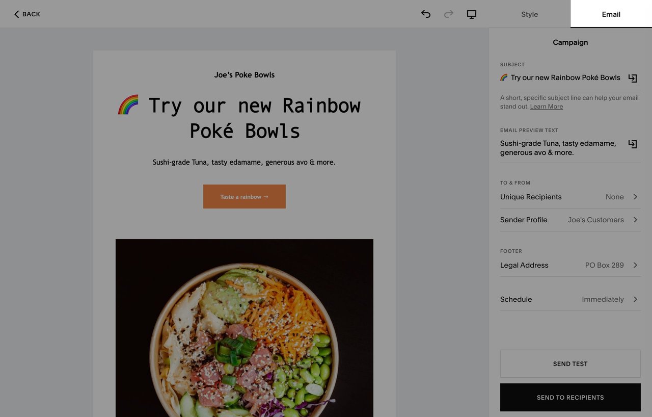 Open up Email tab to send a test email campaign Screenshot