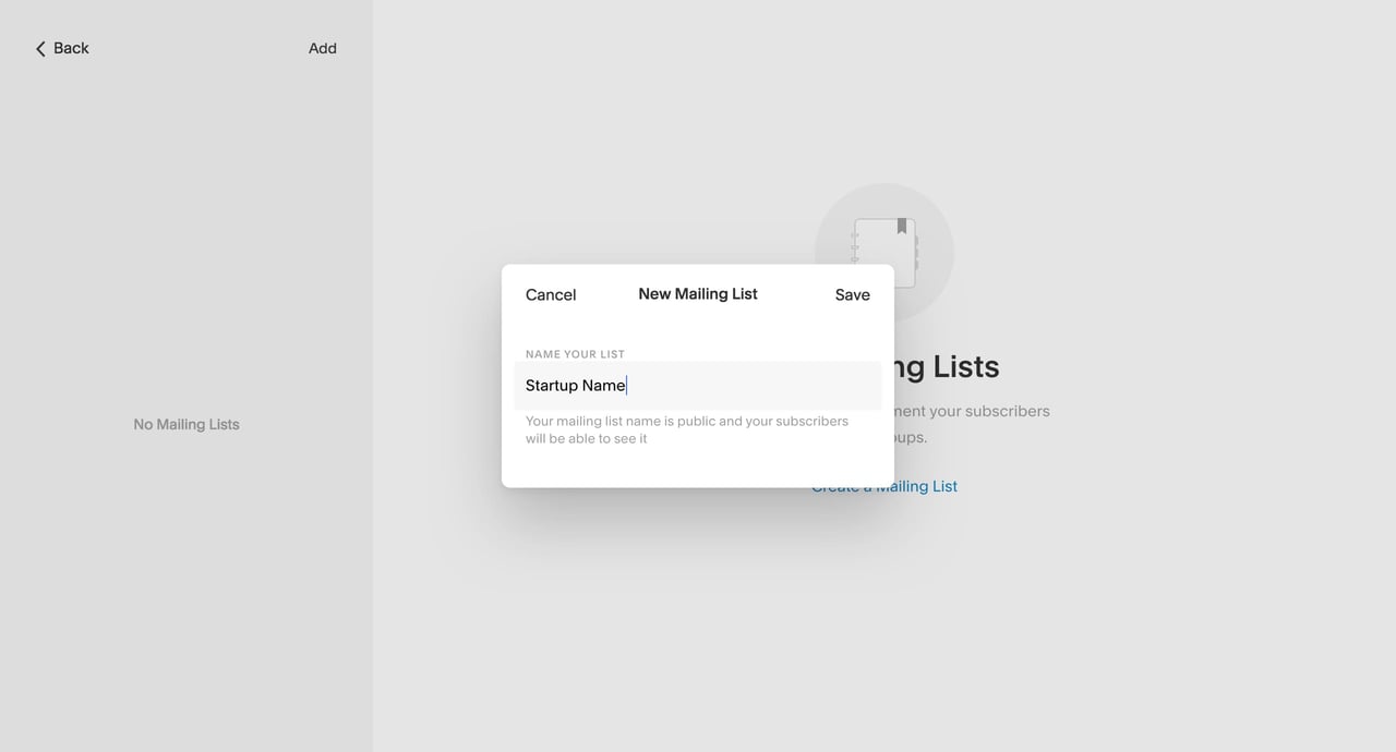 Create a Mailing List options: Screenshot