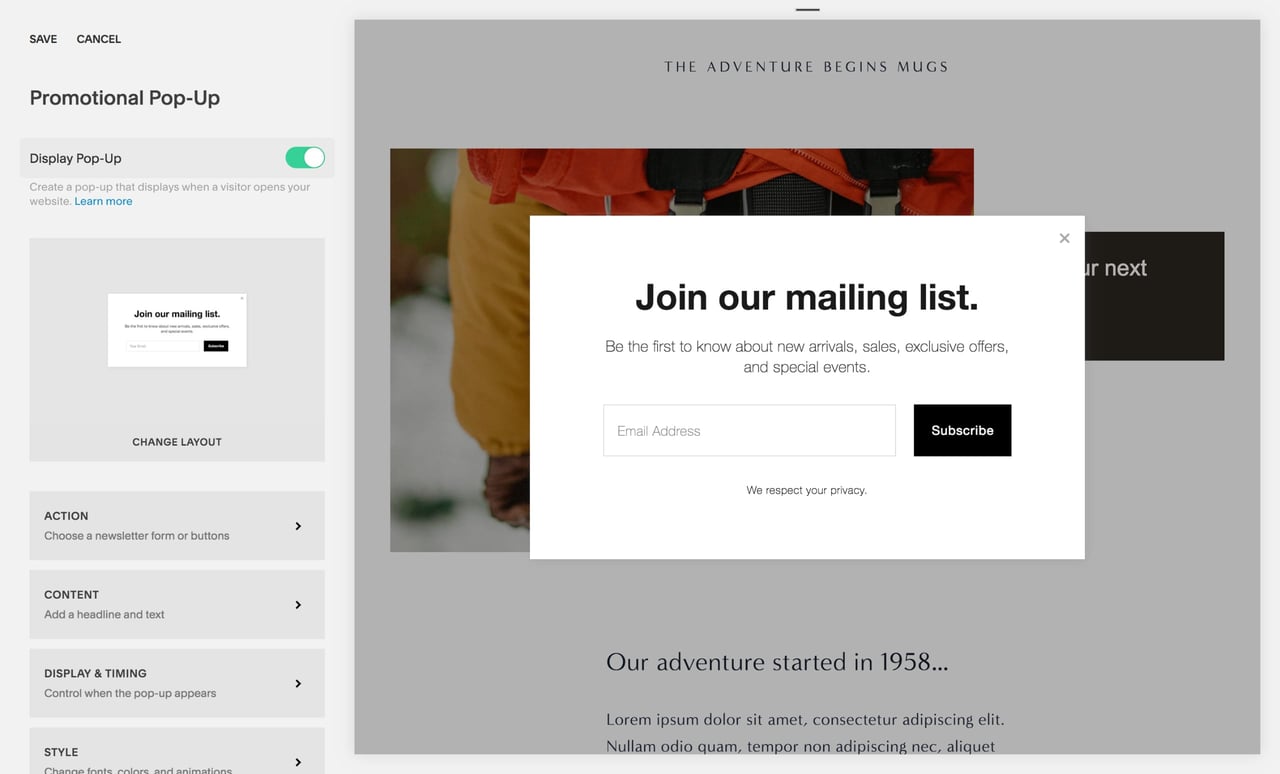 Promotional Pop-Up settings Screenshot
