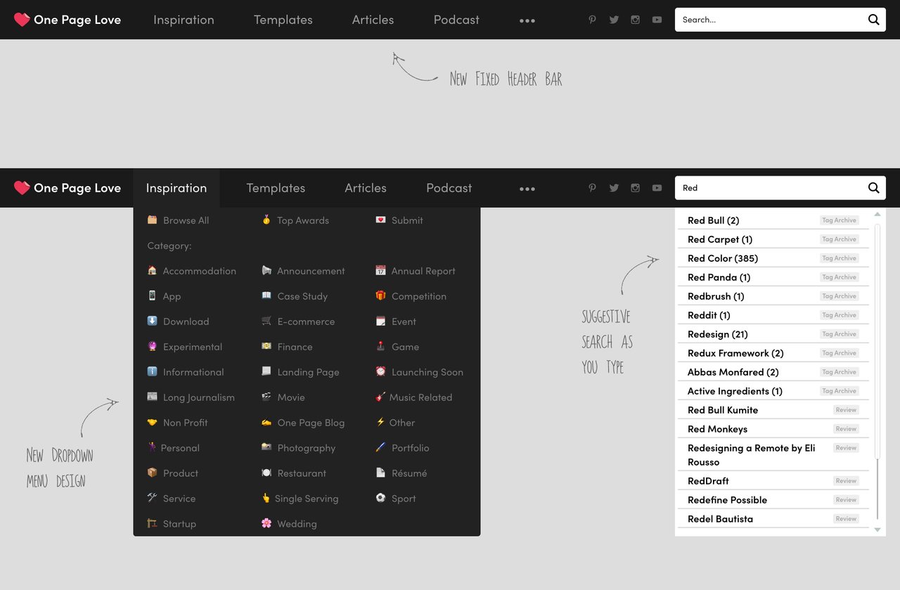 New fixed header bar with suggestive search Screenshot