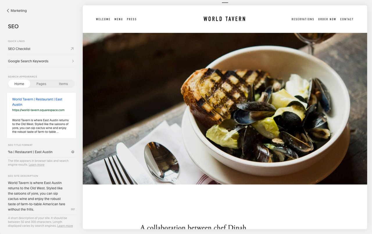 Squarespace - SEO site title and description options panel Screenshot