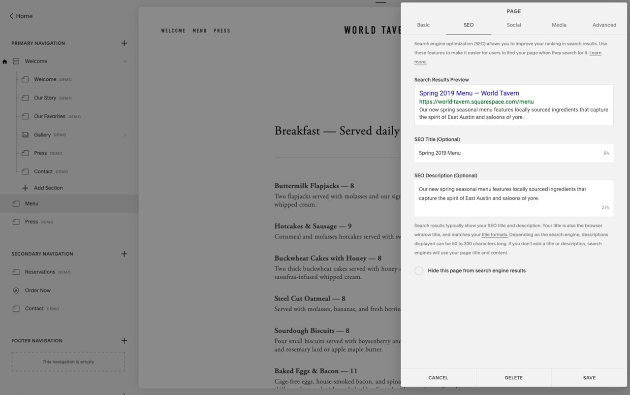 Squarespace - specific page SEO title, description Screenshot