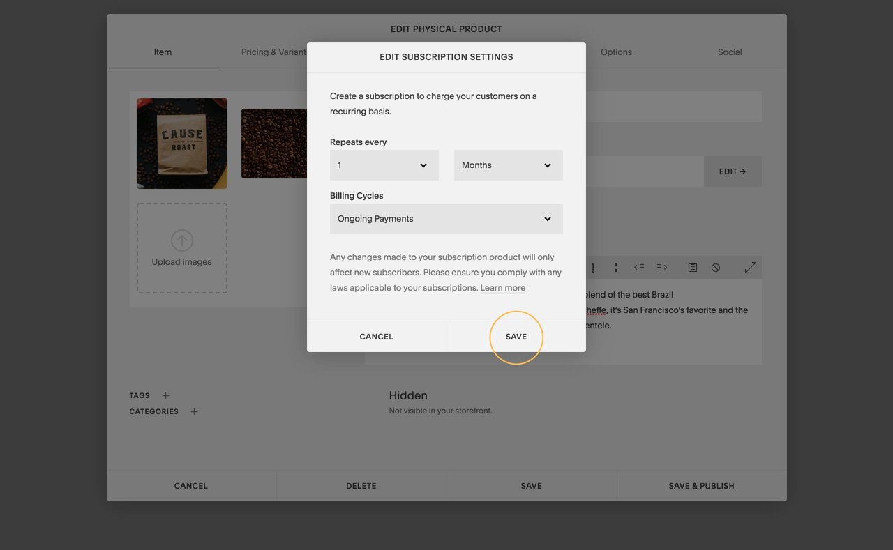 Subscription preferences Screenshot