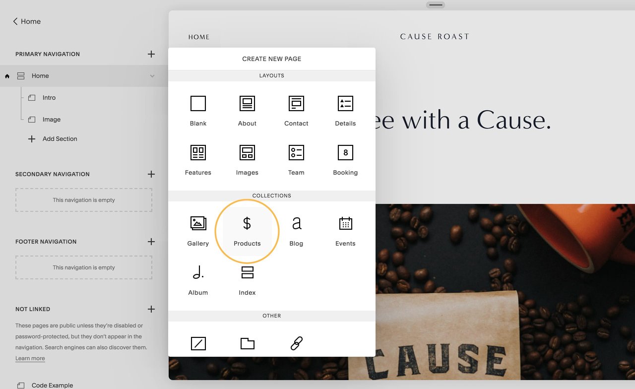 Add new product page via the primary navigation Screenshot