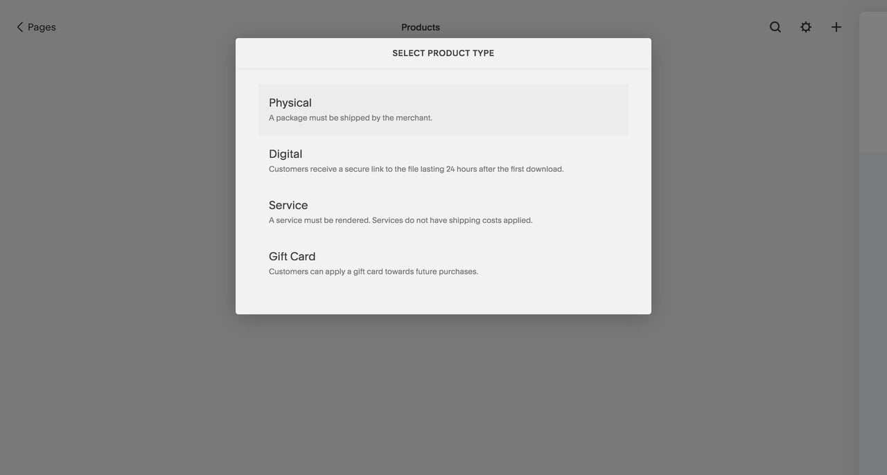 Product type menu Screenshot