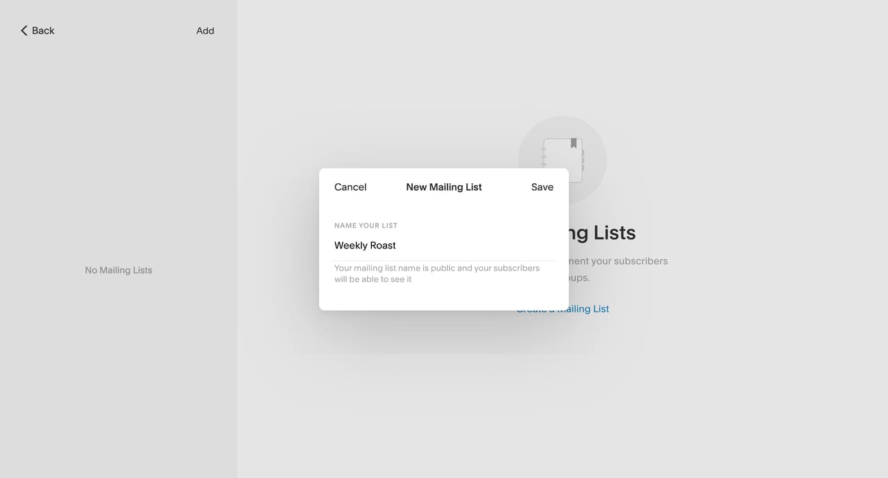 Create a Mailing List options: Screenshot