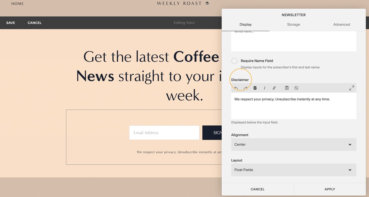 Editing the Newsletter Content Block Screenshot