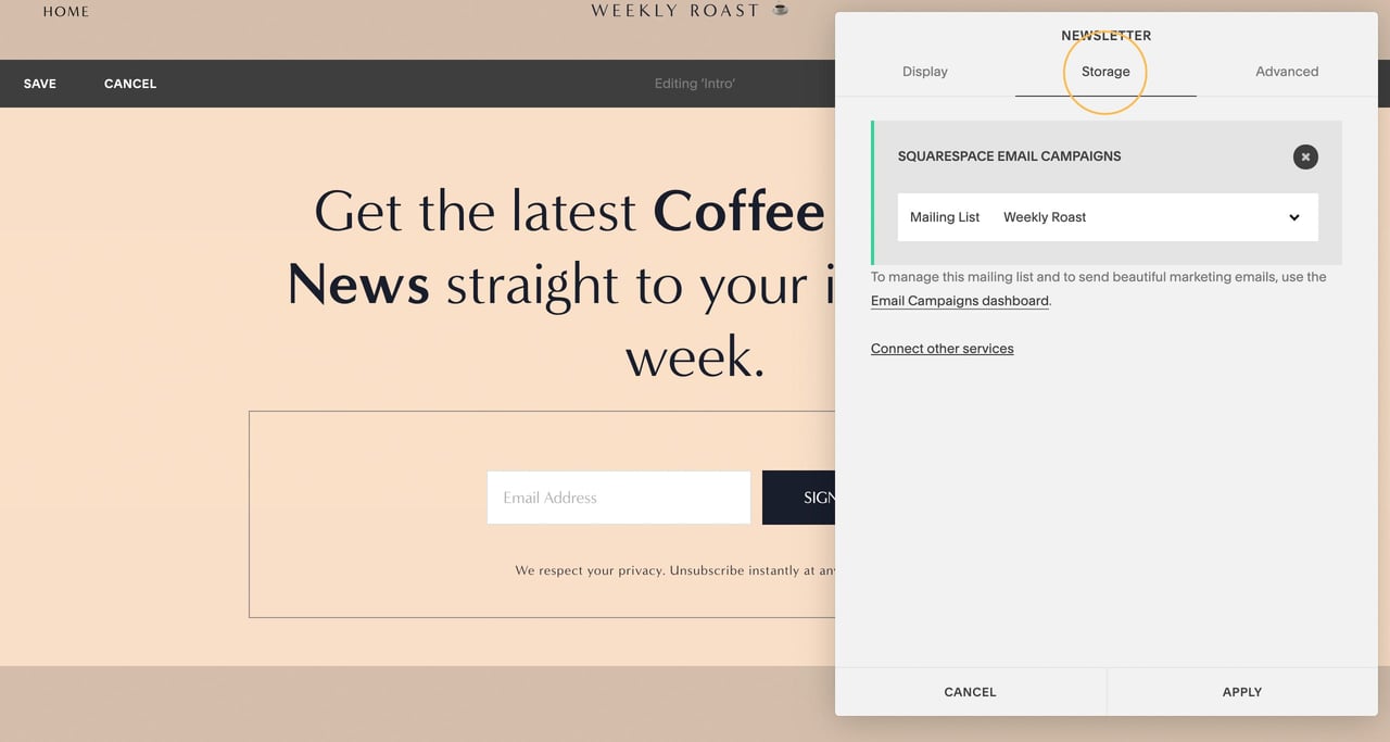 Setting list storage in the Newsletter Content Block Screenshot