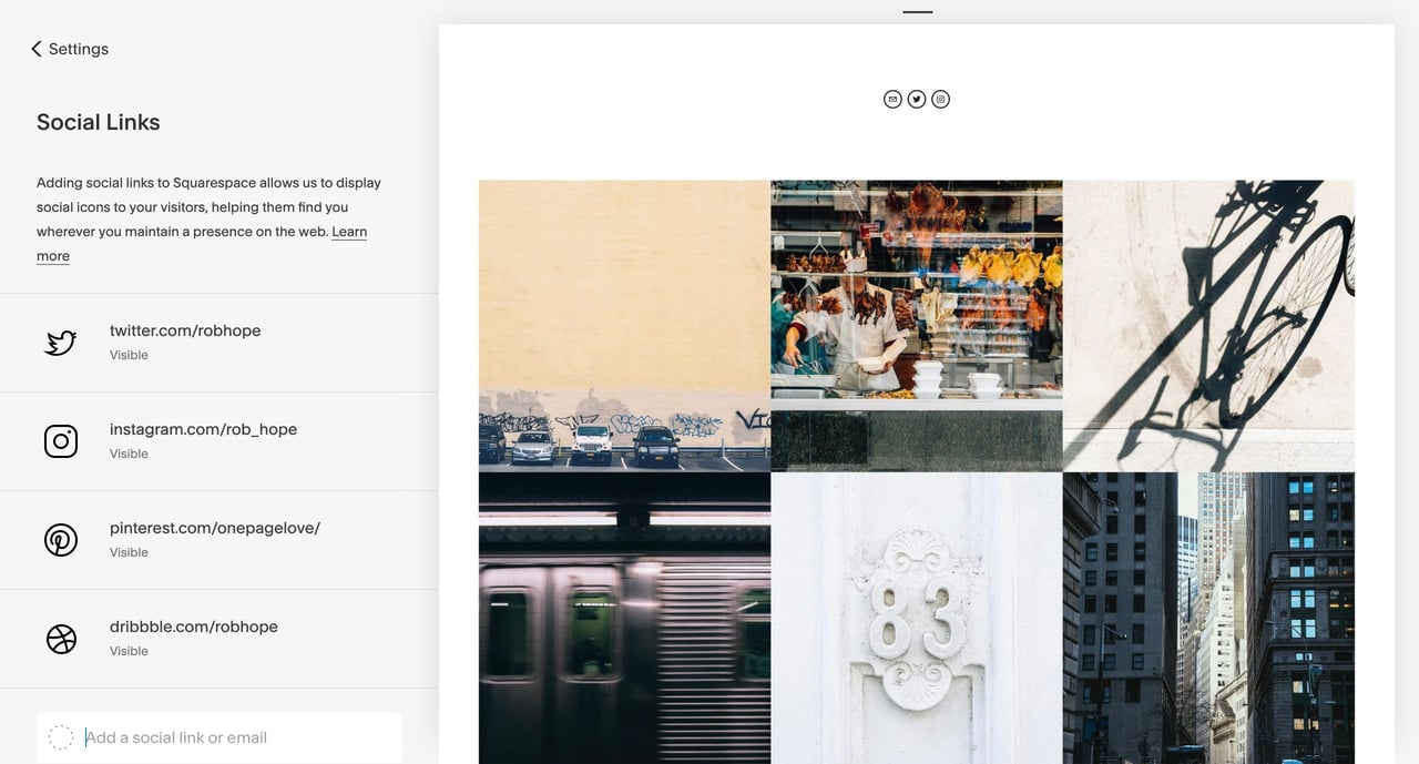 Squarespace social media connection options with Instagram feed preview Screenshot