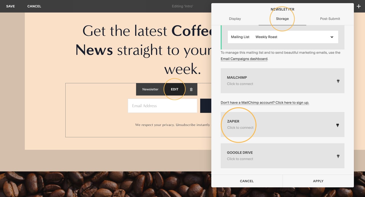 Zapier connection within the Squarespace form settings Screenshot