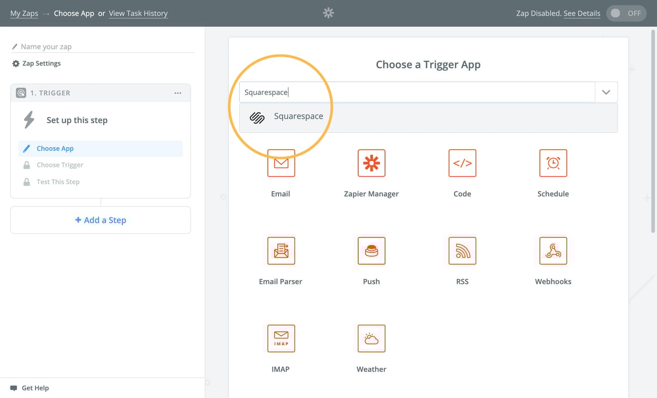 Choosing the Squarespace Trigger app in Zapier Screenshot