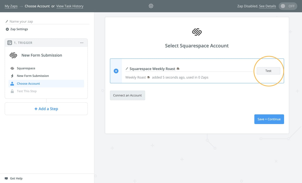 Testing the Squarespace API integration with Zapier Screenshot