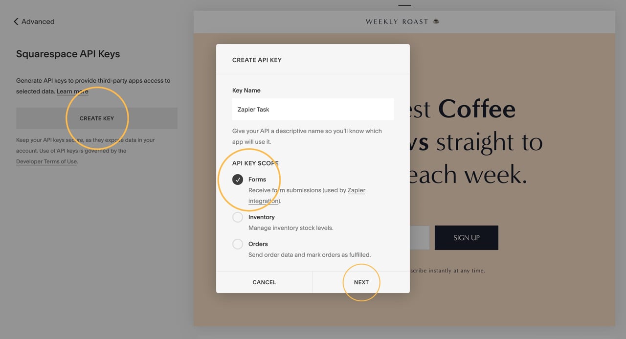 Squarespace API setup for a Zapier integration Screenshot