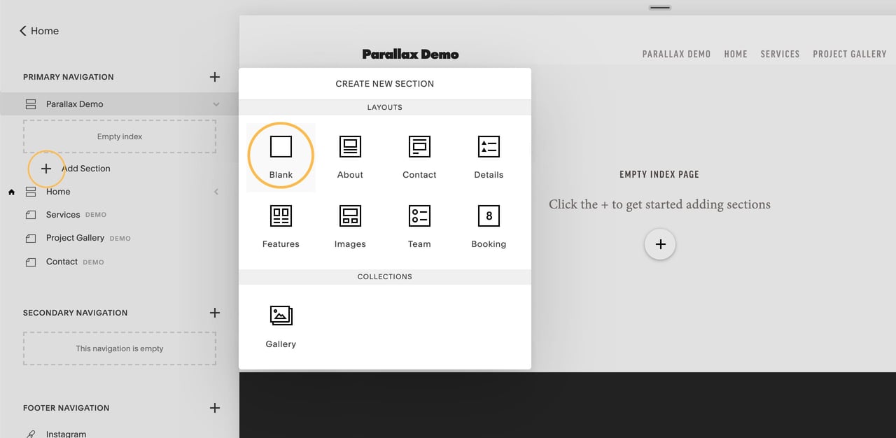 Add an blank section to an Index page Screenshot