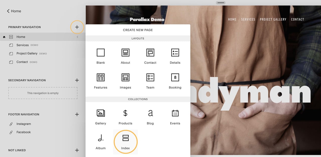 Add an Index block Screenshot