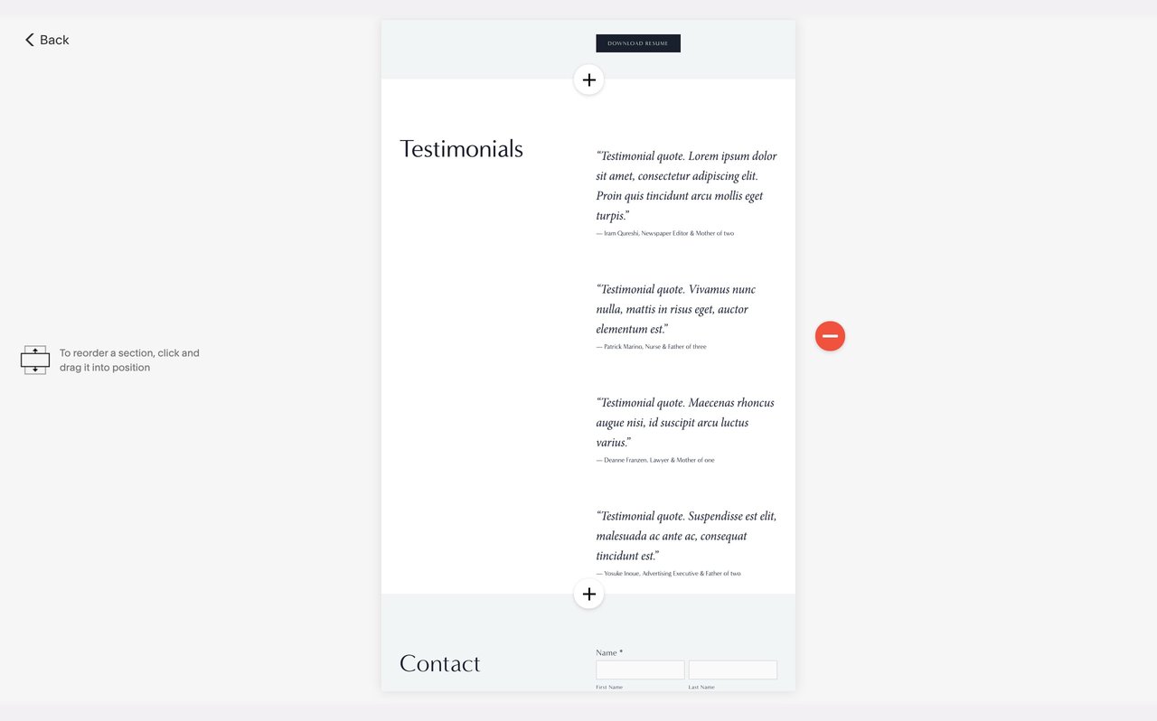 Squarespace Manage Sections view Screenshot