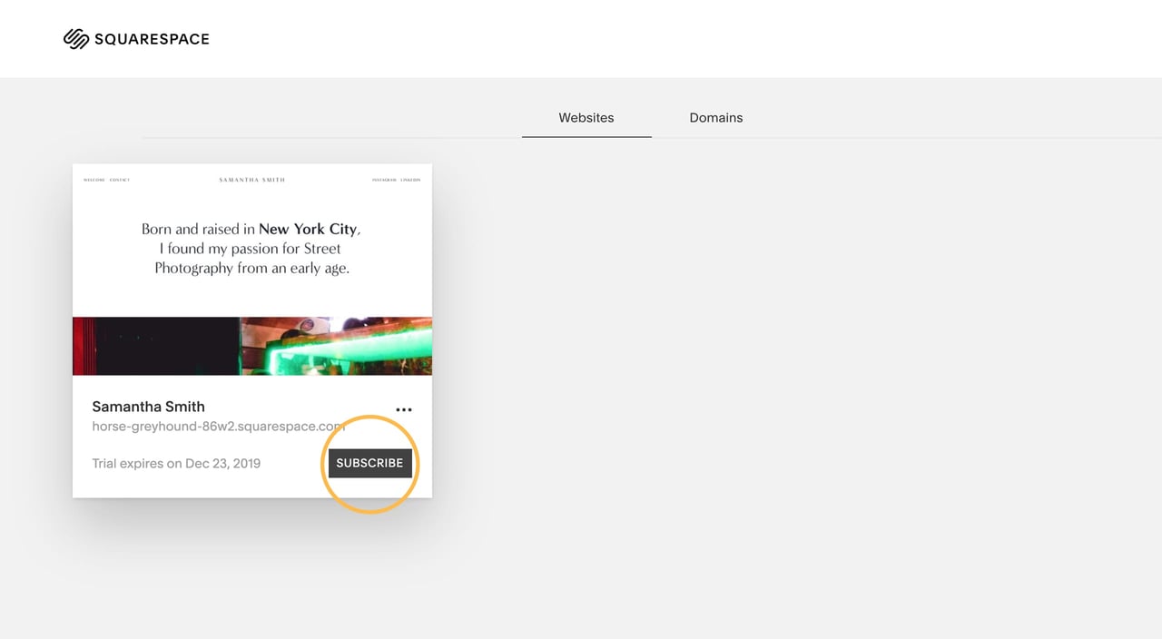 Squarespace account dashboard link Screenshot