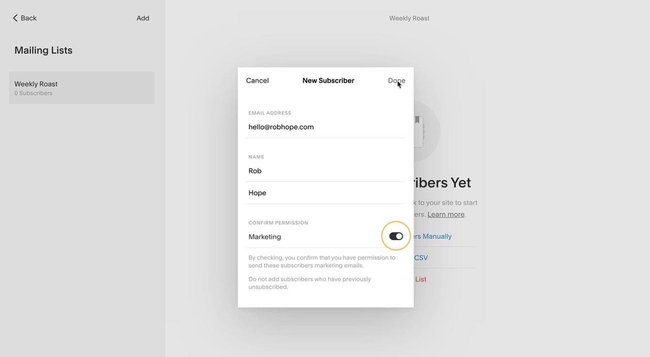 Adding new mailing list subscriber Screenshot