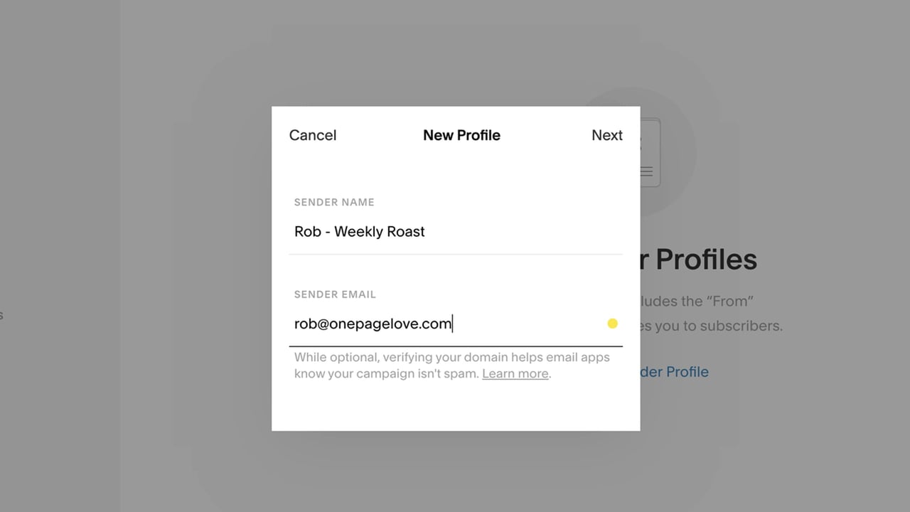 Adding your Sender Profile Screenshot