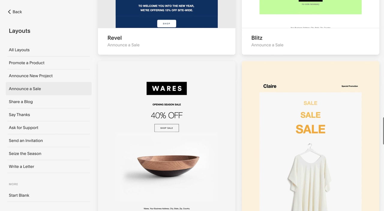Filter email campaign layouts using the categories on the left Screenshot