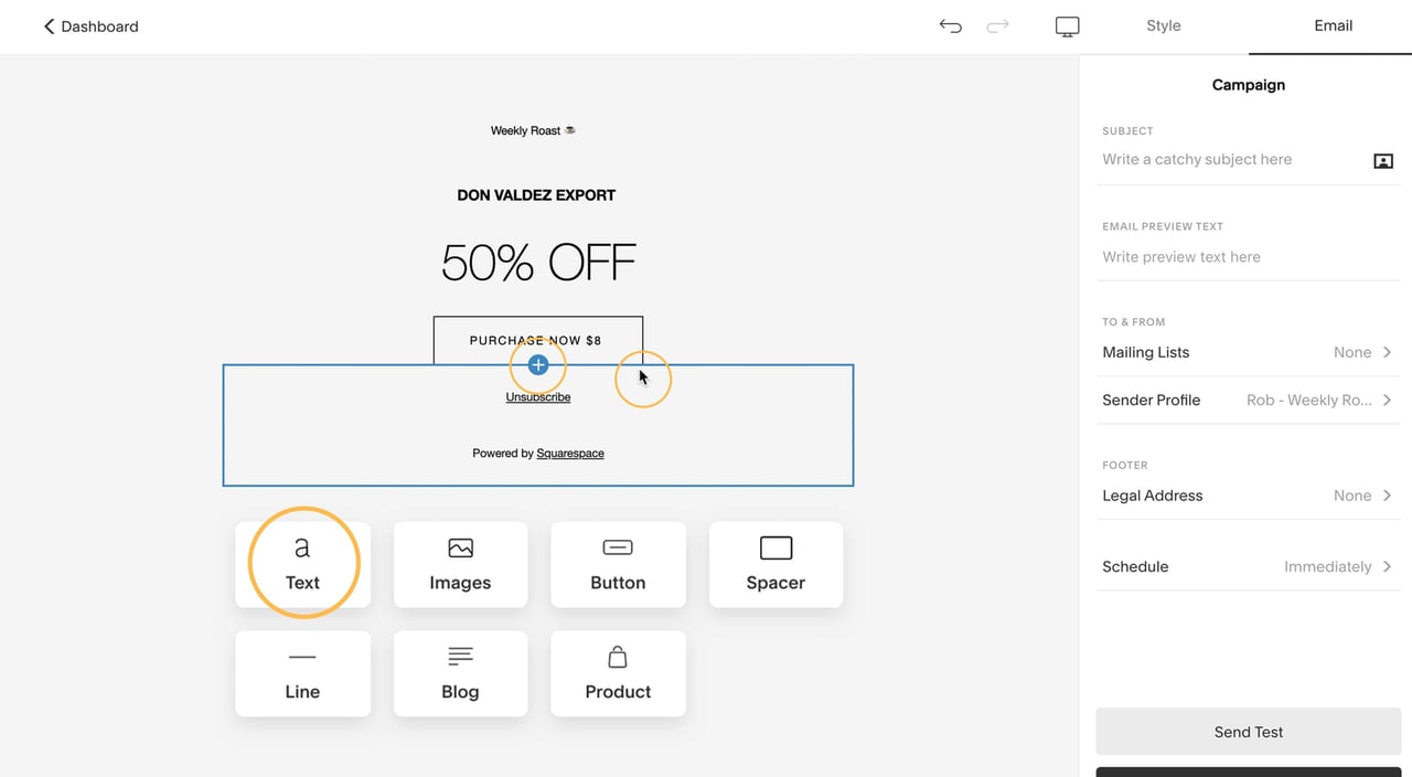 Adding email campaign content blocks Screenshot