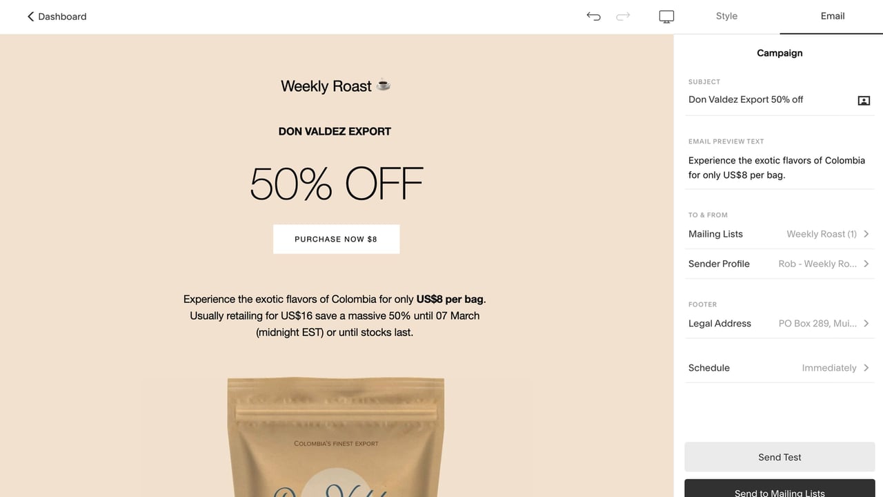 Adding email campaign information before sending Screenshot