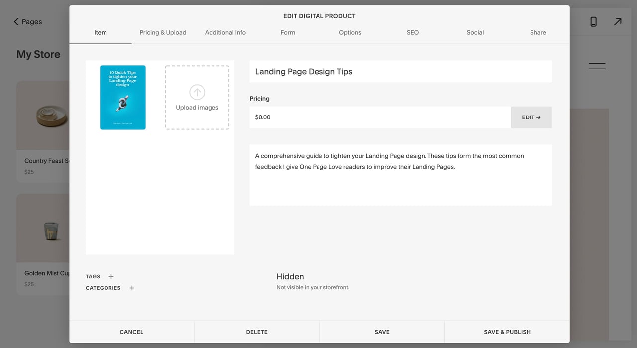 Squarespace digital products - editing view Screenshot