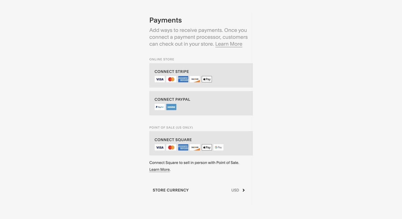 Squarespace Payment Processors Screenshot