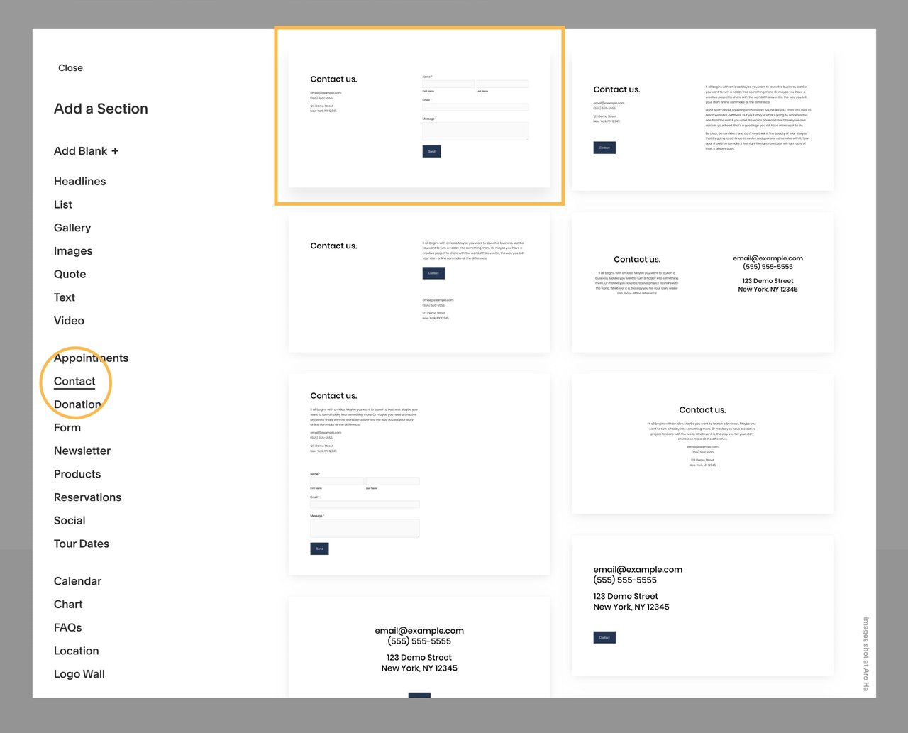 Adding a contact page section Screenshot