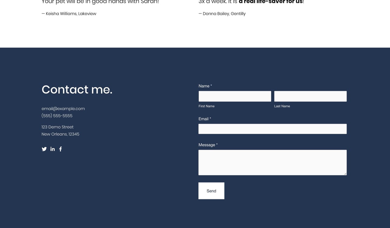 Sarah Young Landing Page - contact content block Screenshot