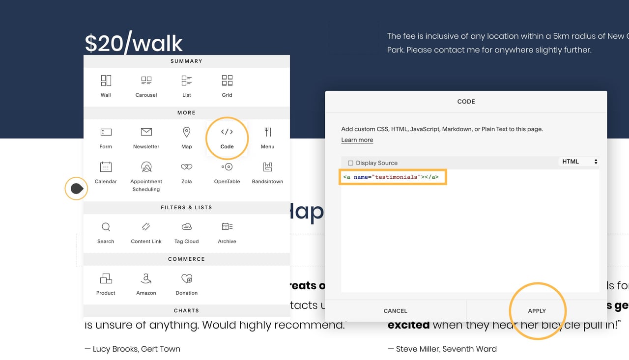 Adding anchor links using a custom code content block Screenshot