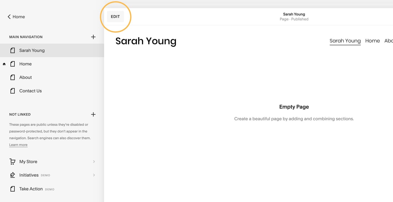 Squarespace edit page button Screenshot