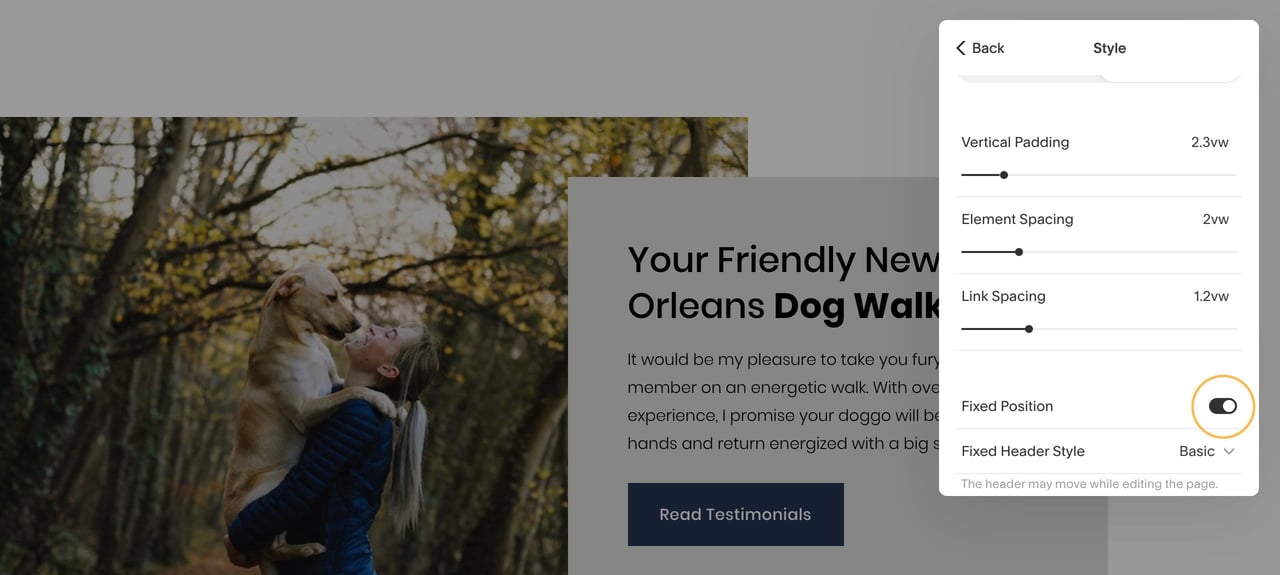 Enabling a Fixed Position header navigation Screenshot