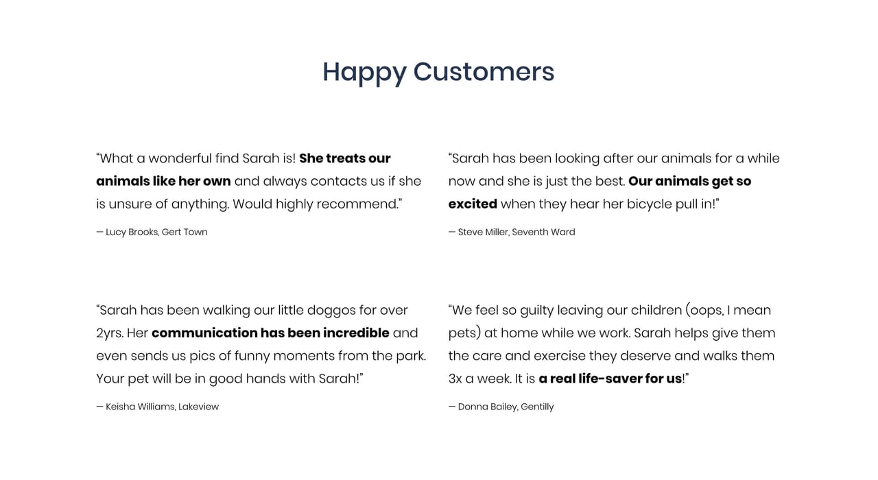Sarah Young Landing Page - testimonials content block Screenshot