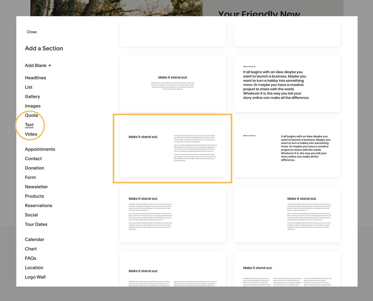 Adding a text page section Screenshot