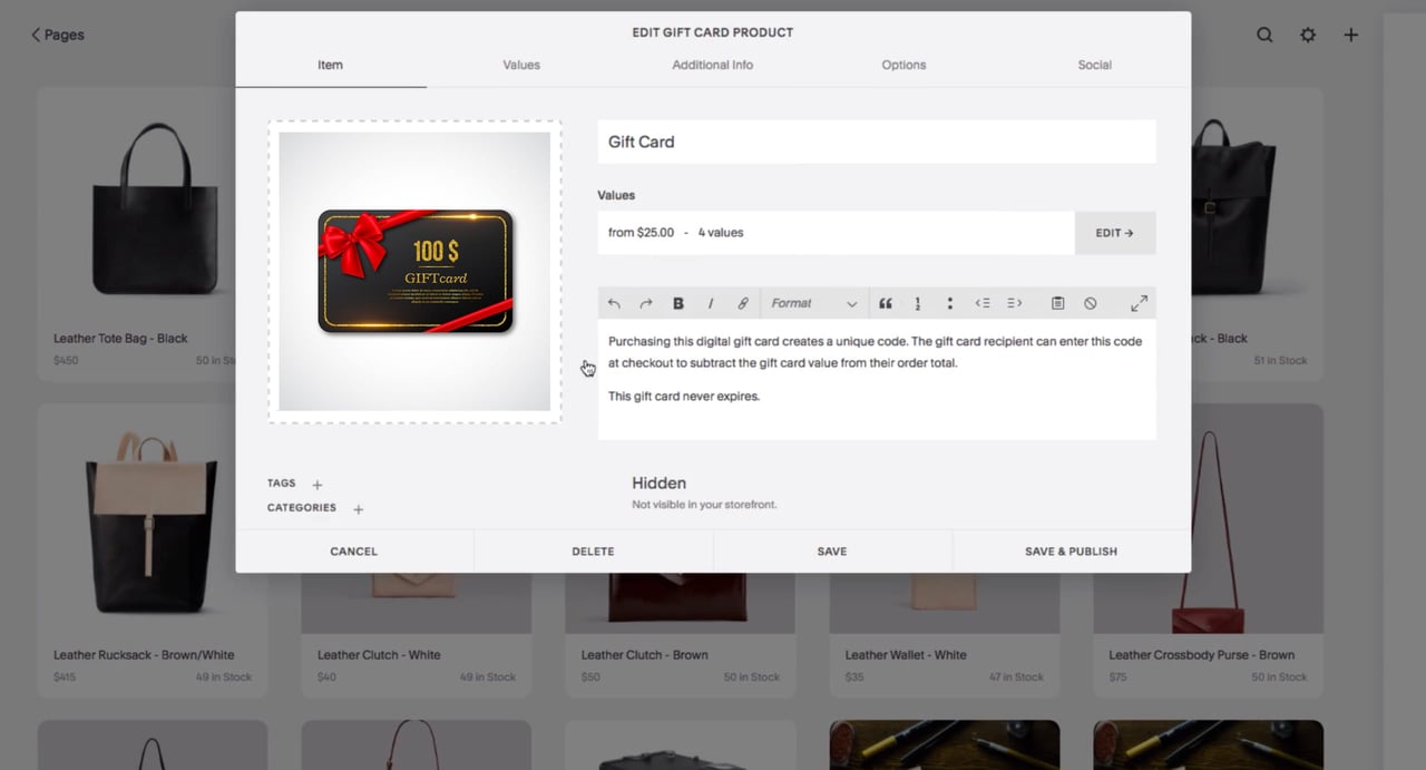 Squarespace Gift Cards - settings panel Screenshot