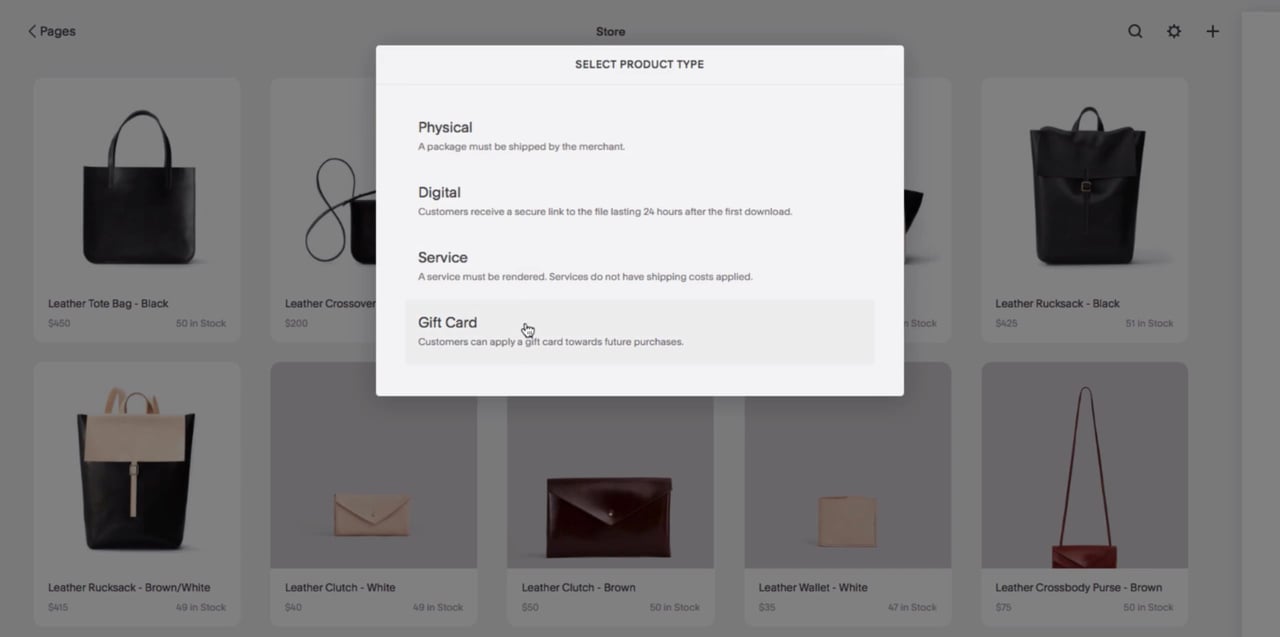 Squarespace Gift Cards - product option Screenshot