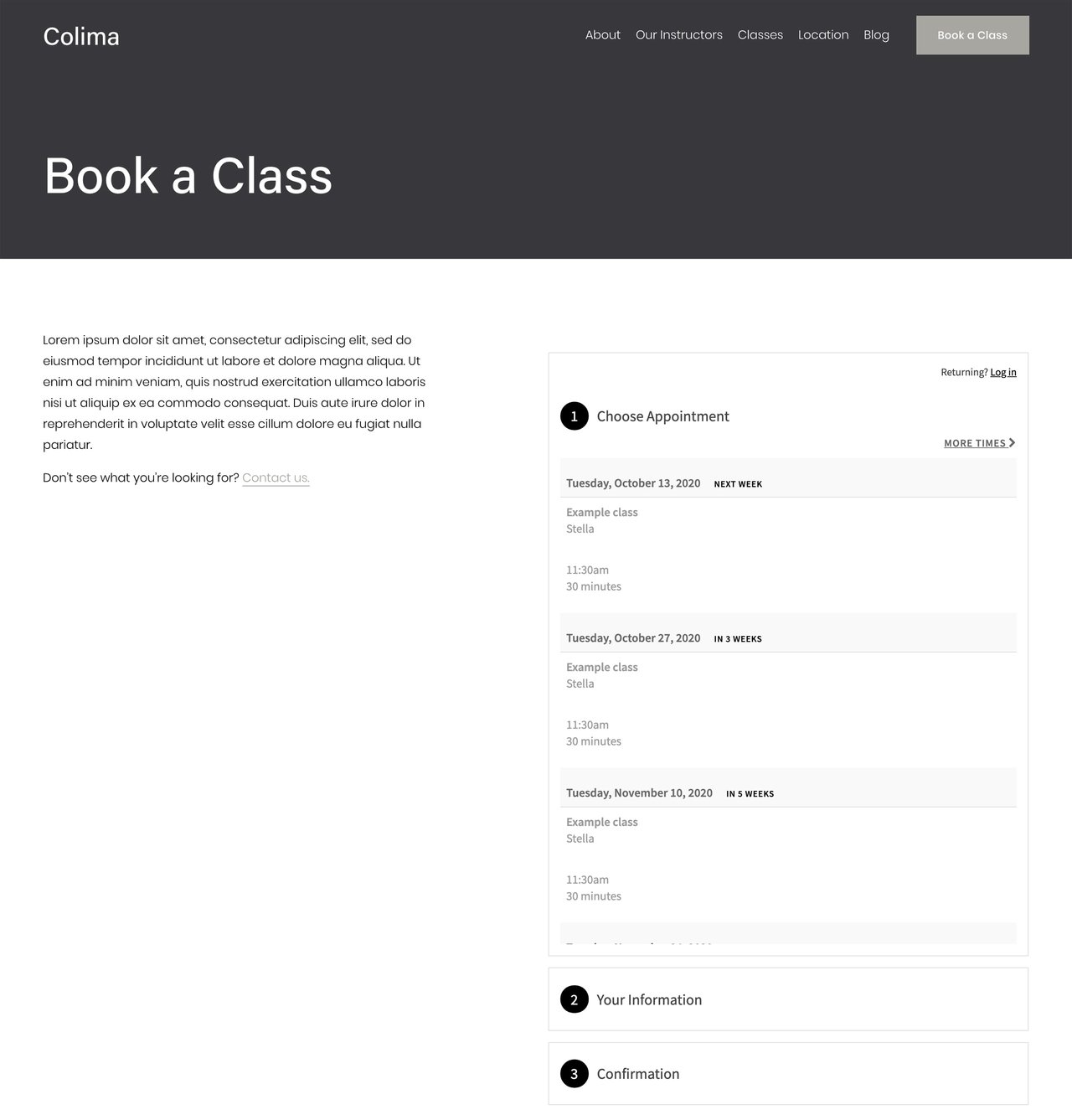 Squarespace Colima Template - Booking Page Preview Screenshot