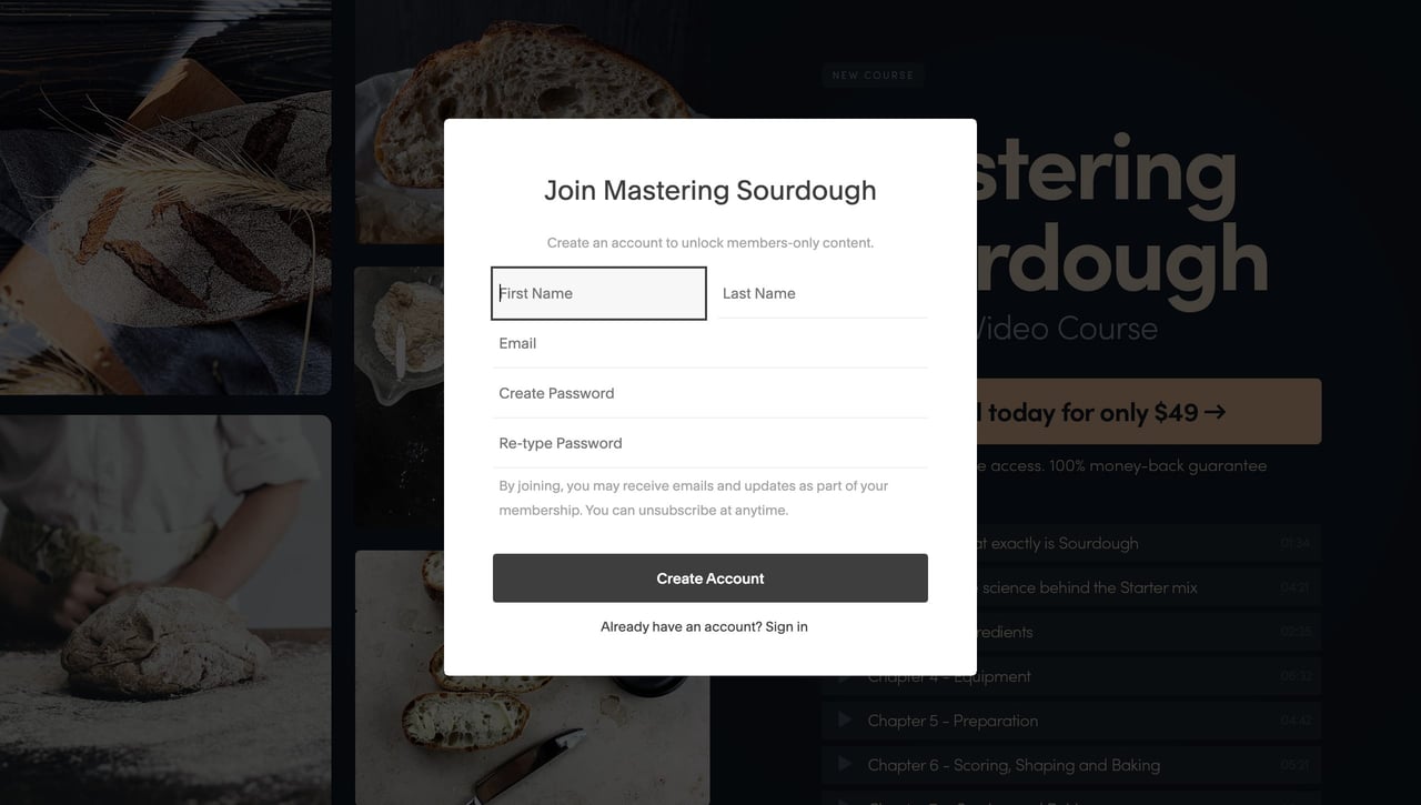 Squarespace Member Areas - Course Sign Up Screenshot