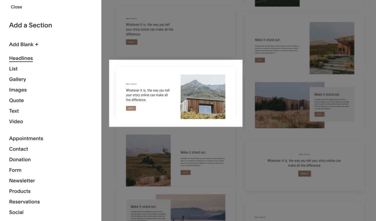 Squarespace Headline section blocks Screenshot