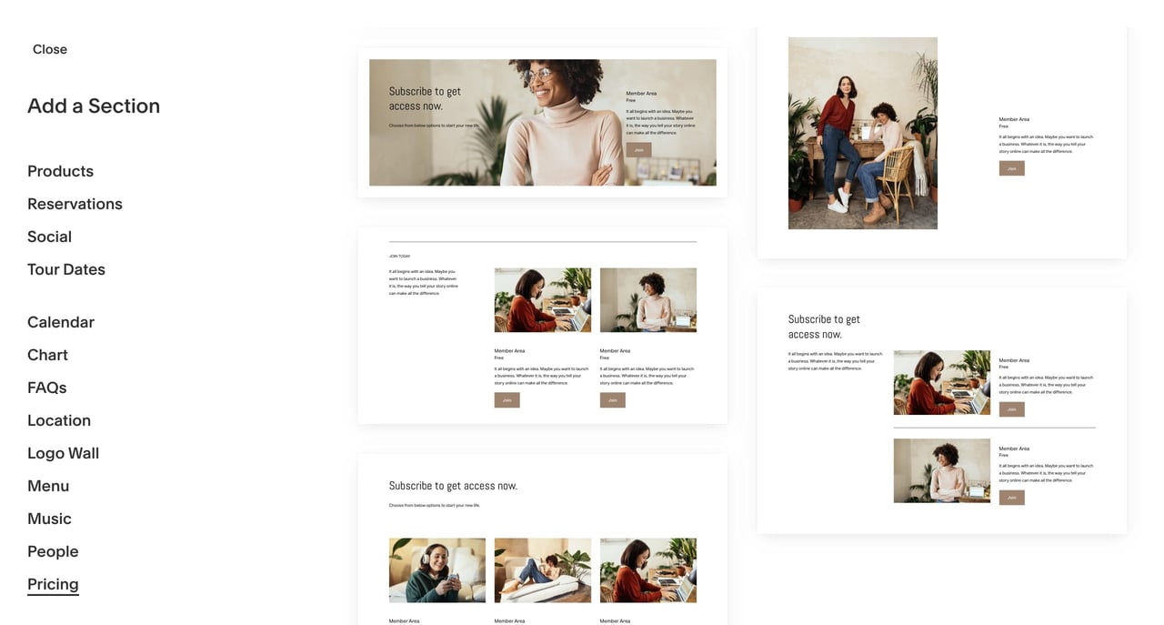Squarespace Pricing section blocks Screenshot
