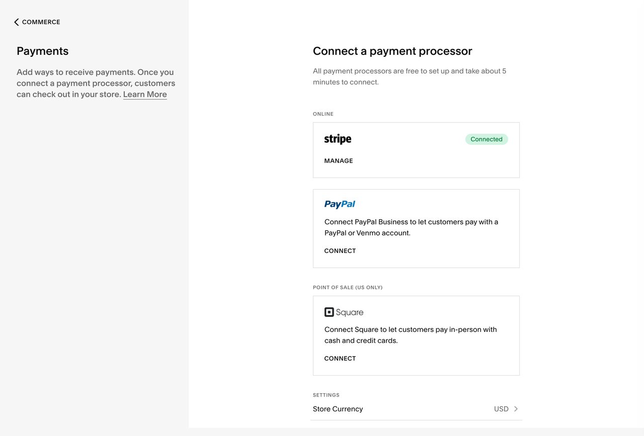 Squarespace Payment Processor Options Screenshot
