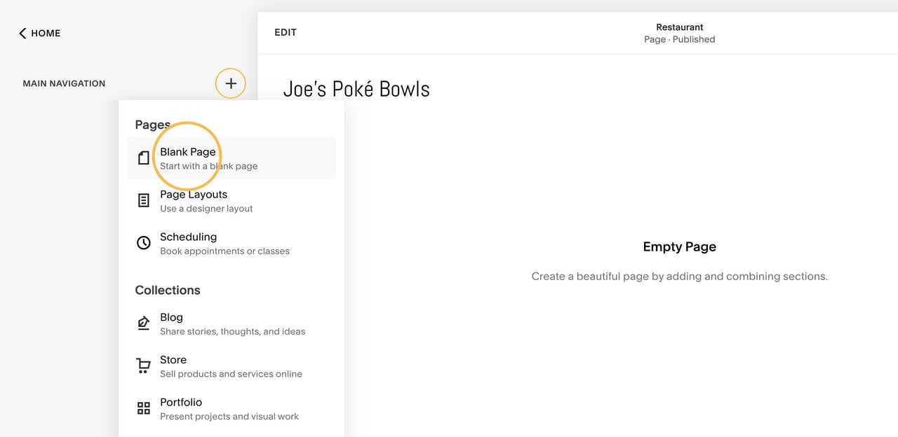 Squarespace - add blank page Screenshot