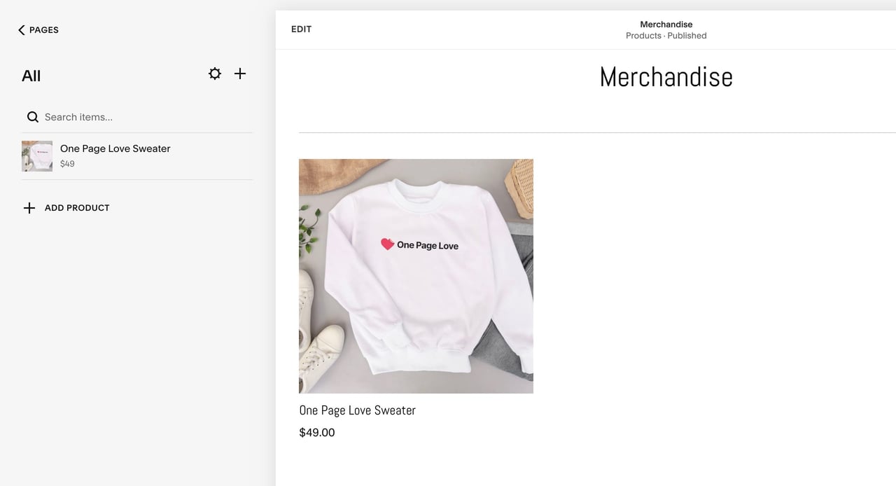 Squarespace store preview Screenshot