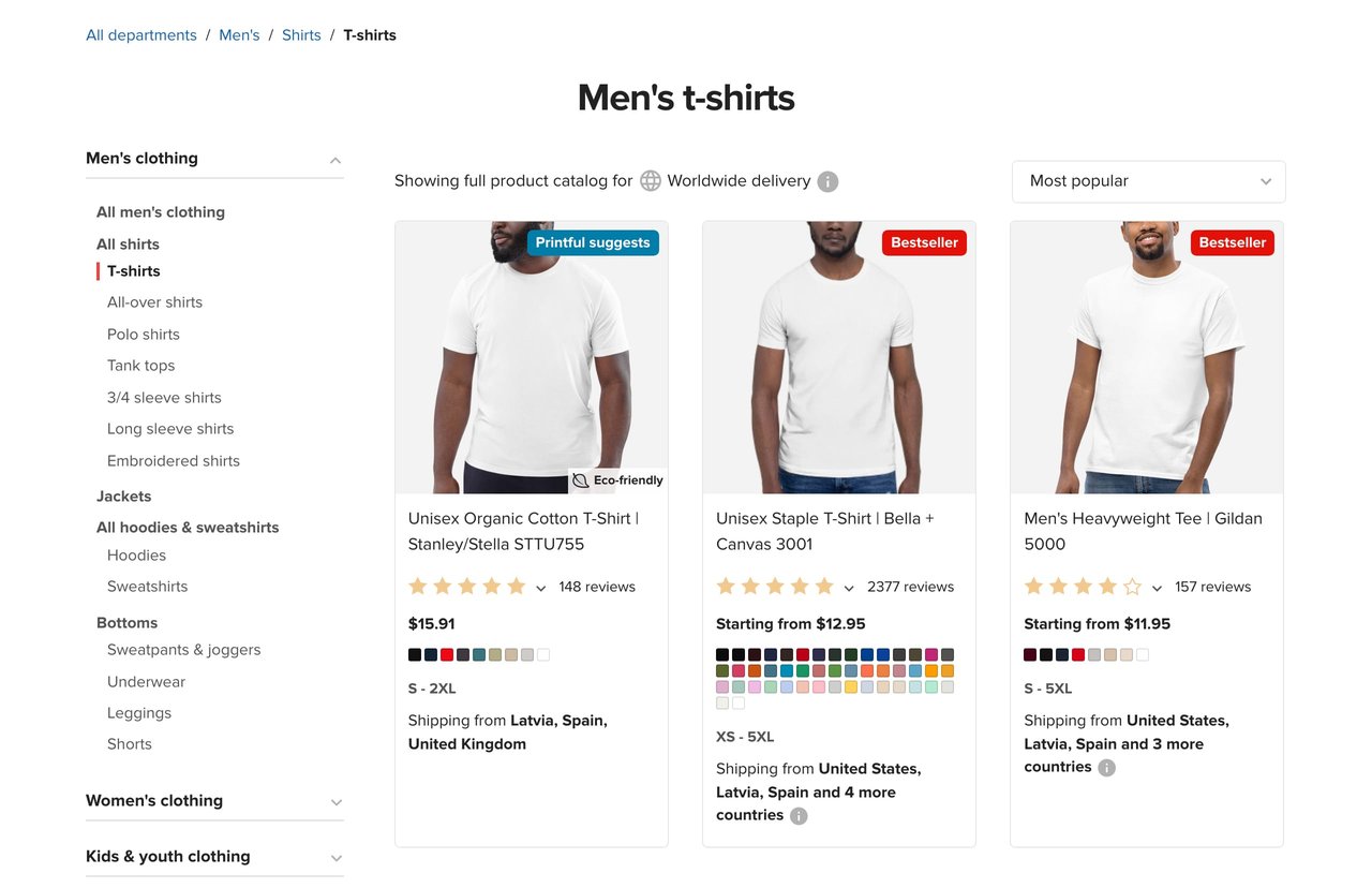 A preview from the Printful mens tee range Screenshot