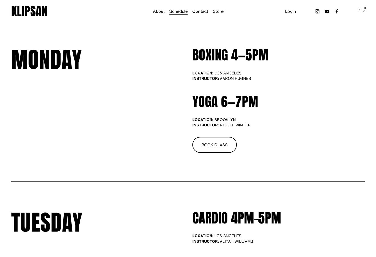 Squarespace Klipsan Template - Classes View Screenshot