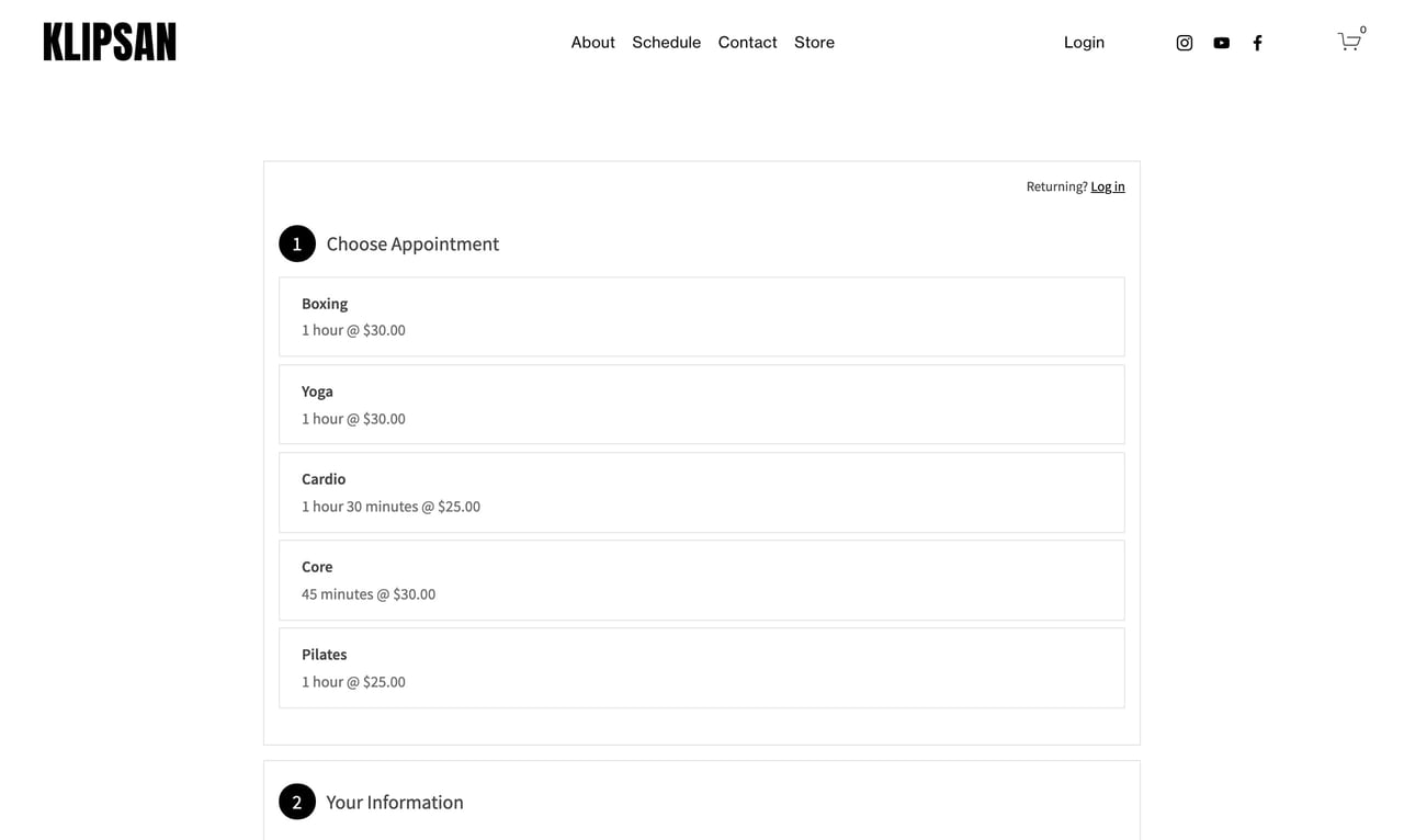 Squarespace Klipsan Template - Booking View Screenshot