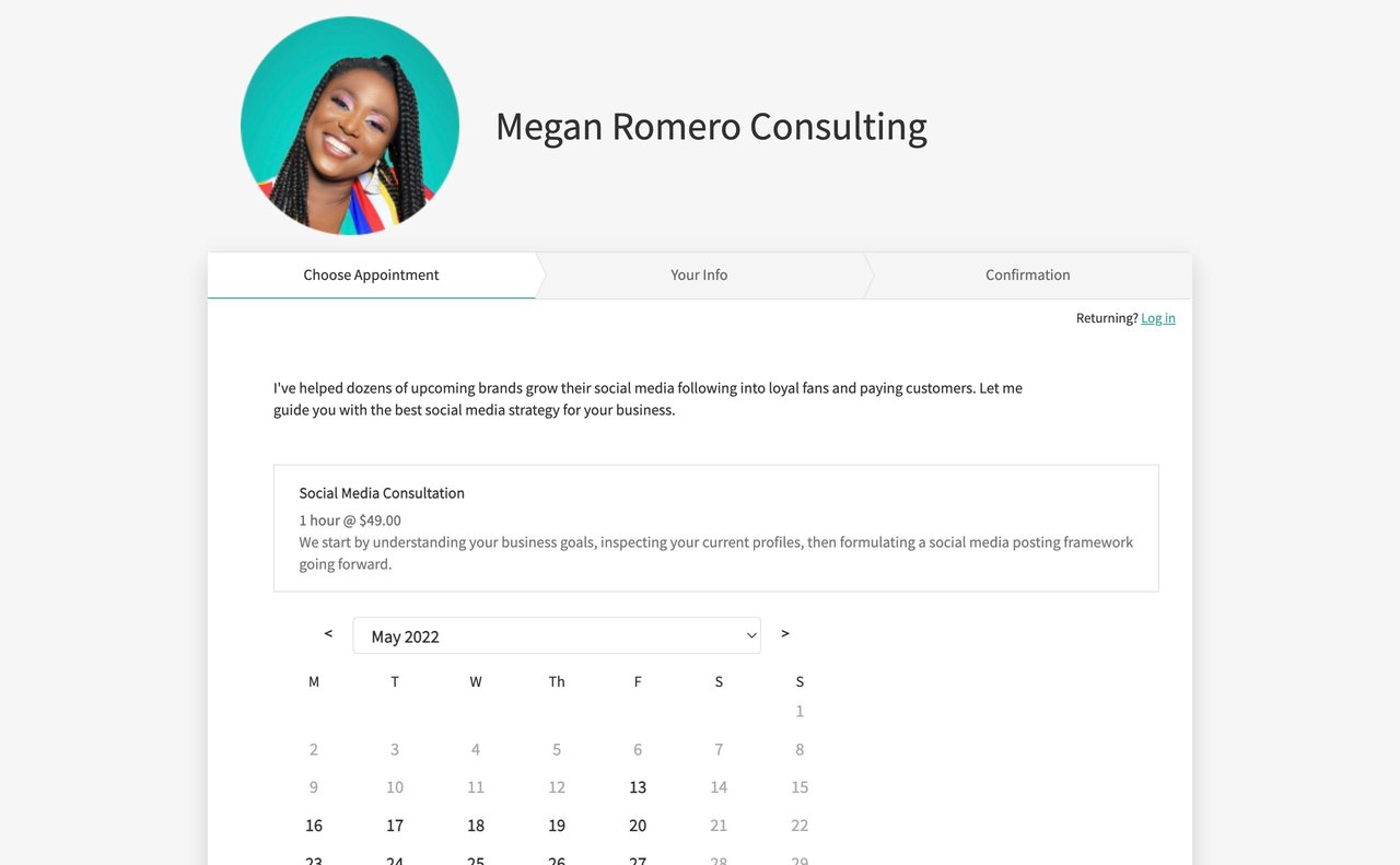 Megan Romero Consulting - Acuity Page Screenshot