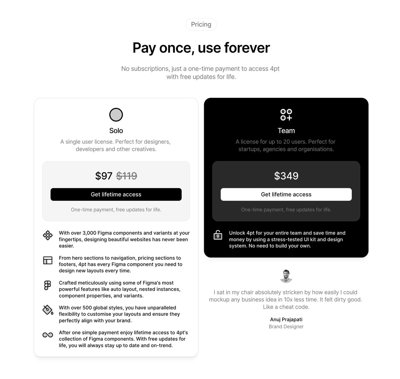 4pt Landing Page Kit pricing table testimonial Screenshot