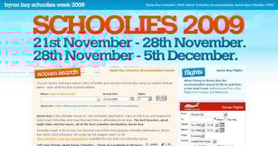 Byron Schoolies Accommodation Website Screenshot